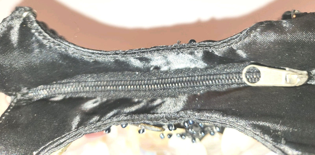 Vintage Black Satin Handbag With mother-of-pearl Shell Fringe & Beads Small 6X7"