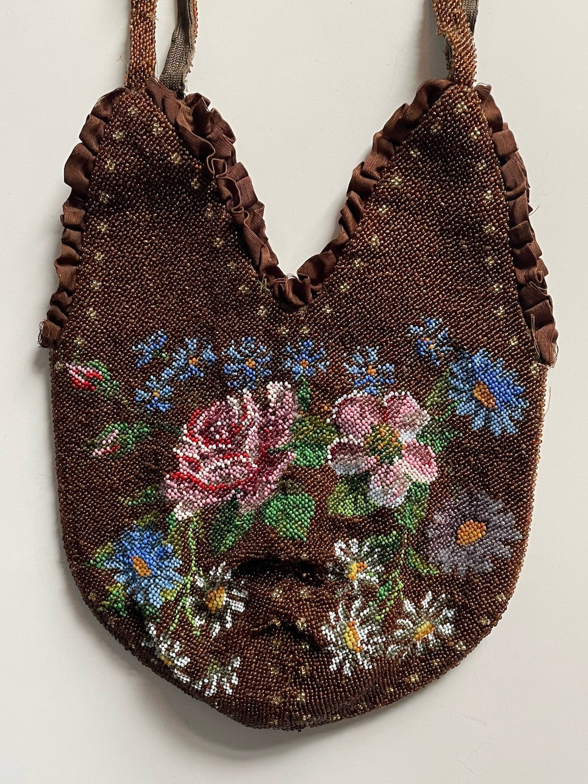 Antique Glass Seed Beaded Silk Lined Pouch Purse Floral Brown