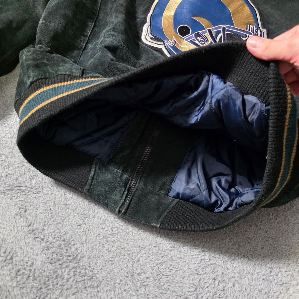 G-III NFL St. Louis Rams Suede Leather Varsity Jacket Green Blue Large