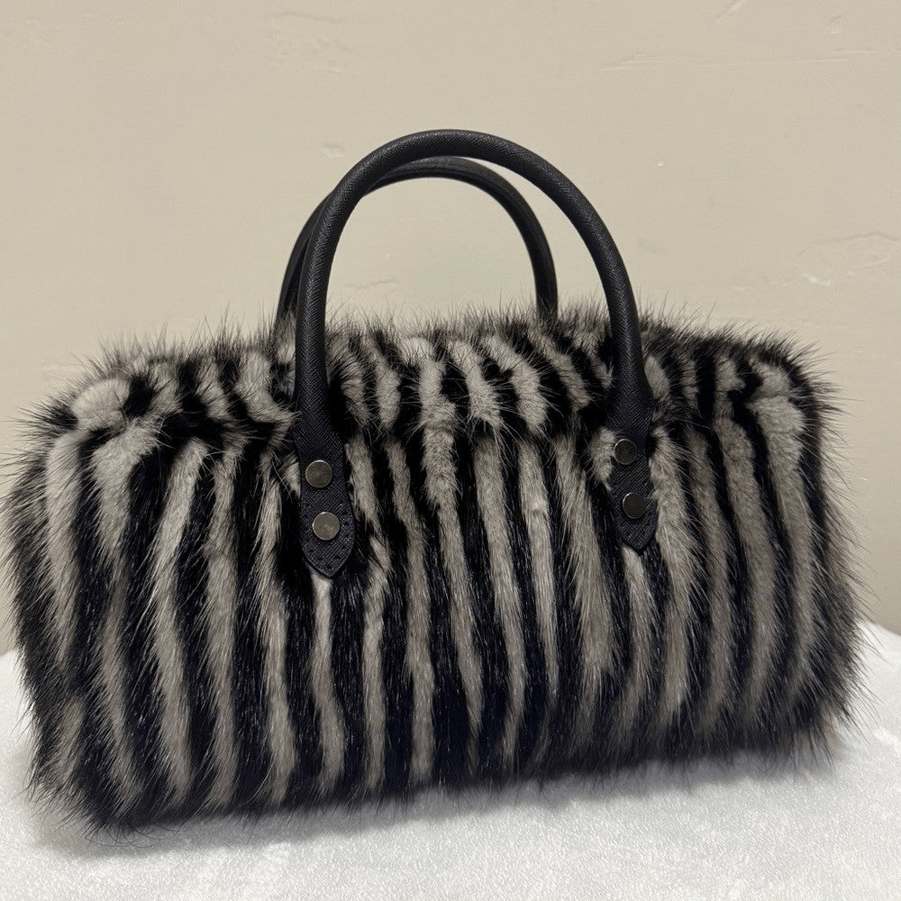 Genuine Mink Fur Pillow Bag with Top Handles and Crossbody Strap