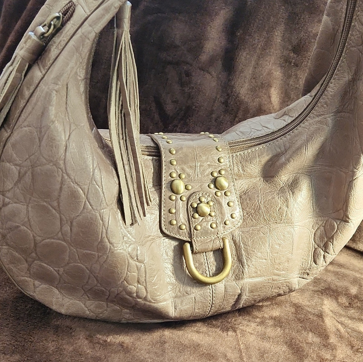 Kate Landry Grey Leather Embossed Hobo Shoulder Bag with Studded Tassel