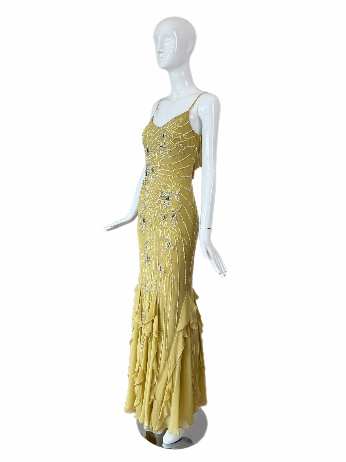 Sue Wong 2005 Chartreuse Silk Floral Beaded Ruffle Gown