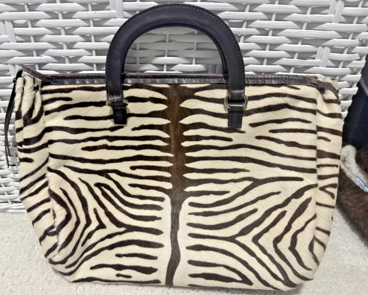 Prada Vintage Zebra Pony Hair Tote Bag Brown Ivory Leather Handbag Italy Rare