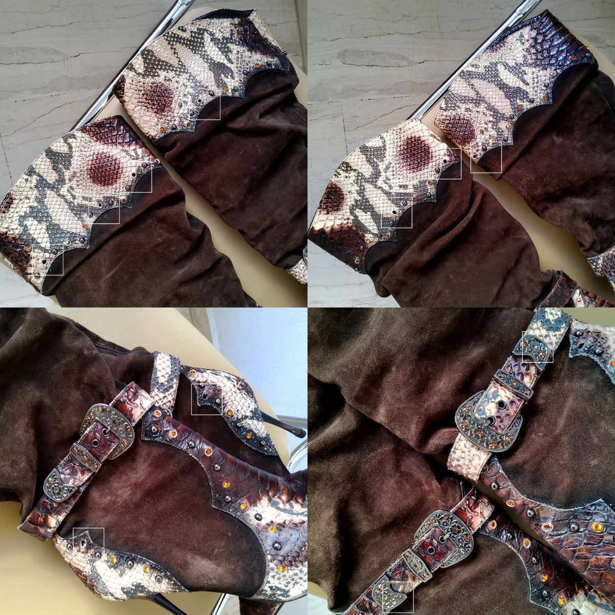 El Dantes Y2K Embellished Belted Slouchy Suede Snakeskin Pointy Shoe