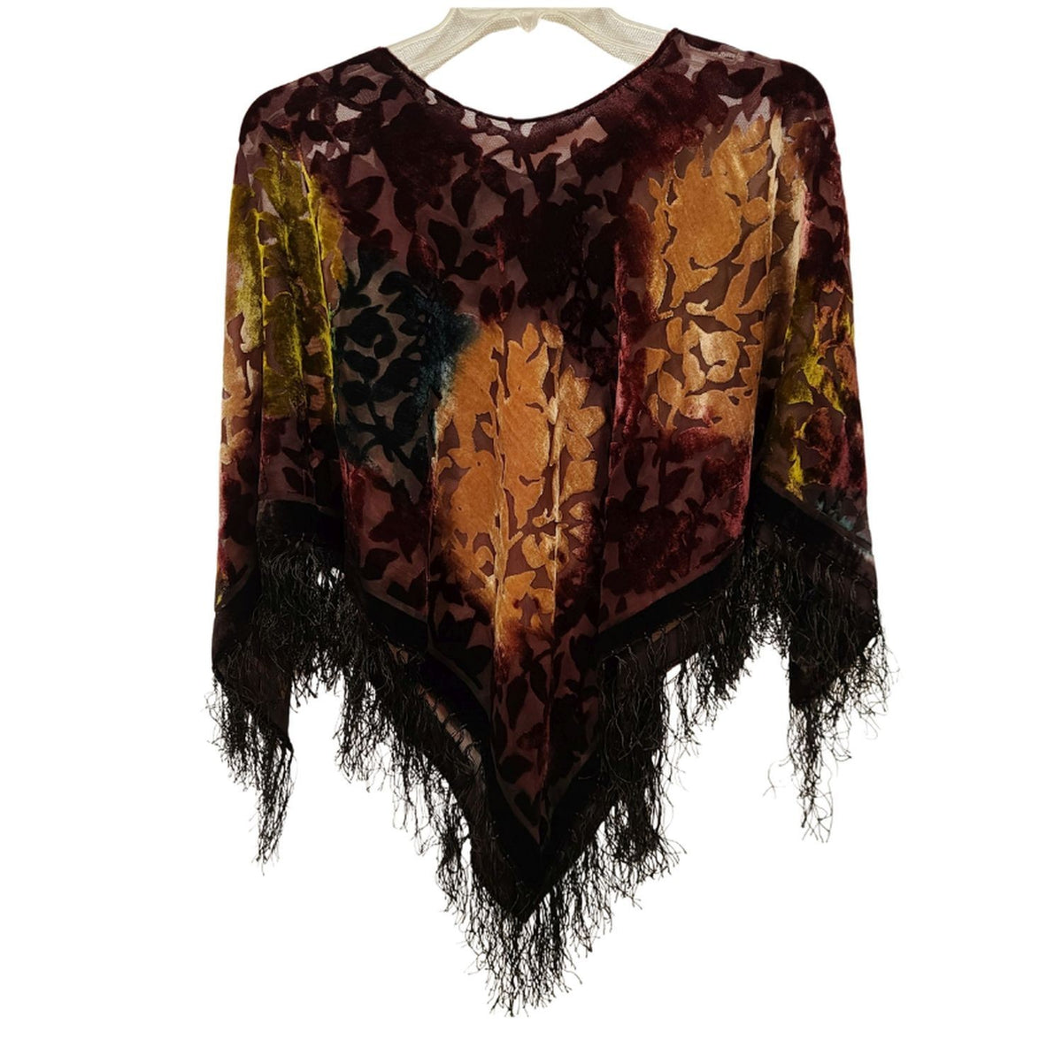 Vintage Burnout Velvet Poncho Cape Fringe Hem Sheer Boho Festival