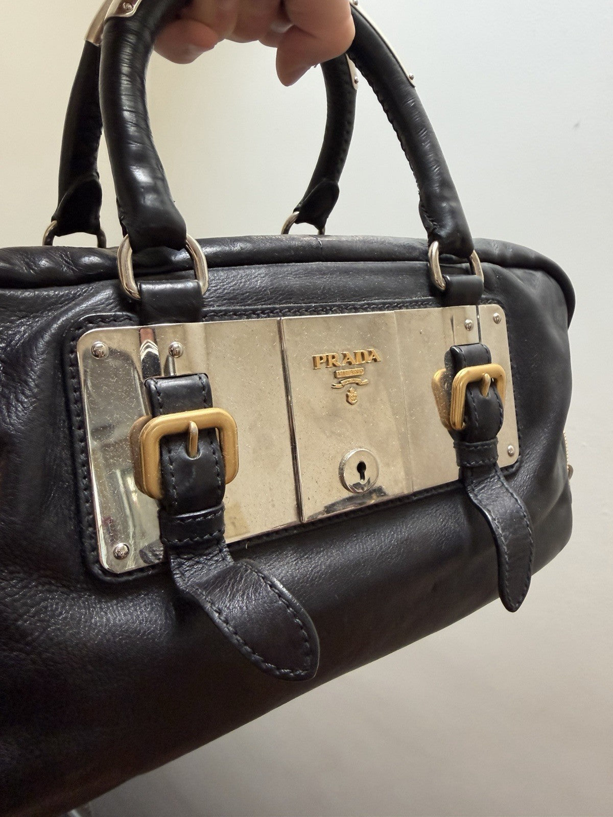 Prada Black Top Handle Bag with Gold Hardware