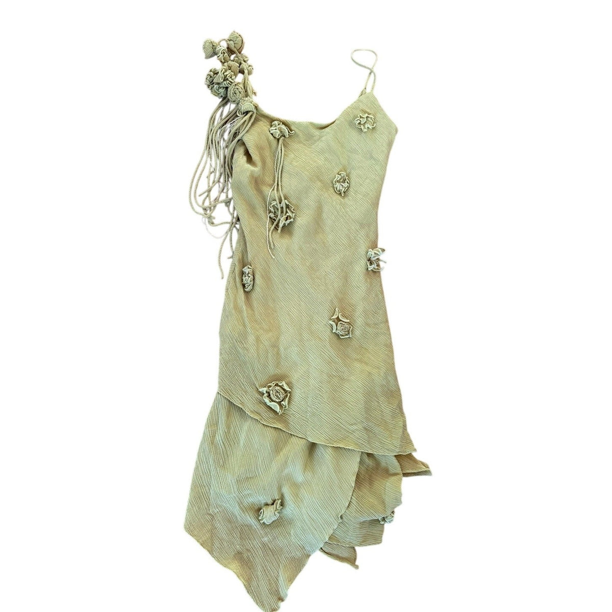 Vintage Cache Green Beaded Rosette Fringe Slip Dress
