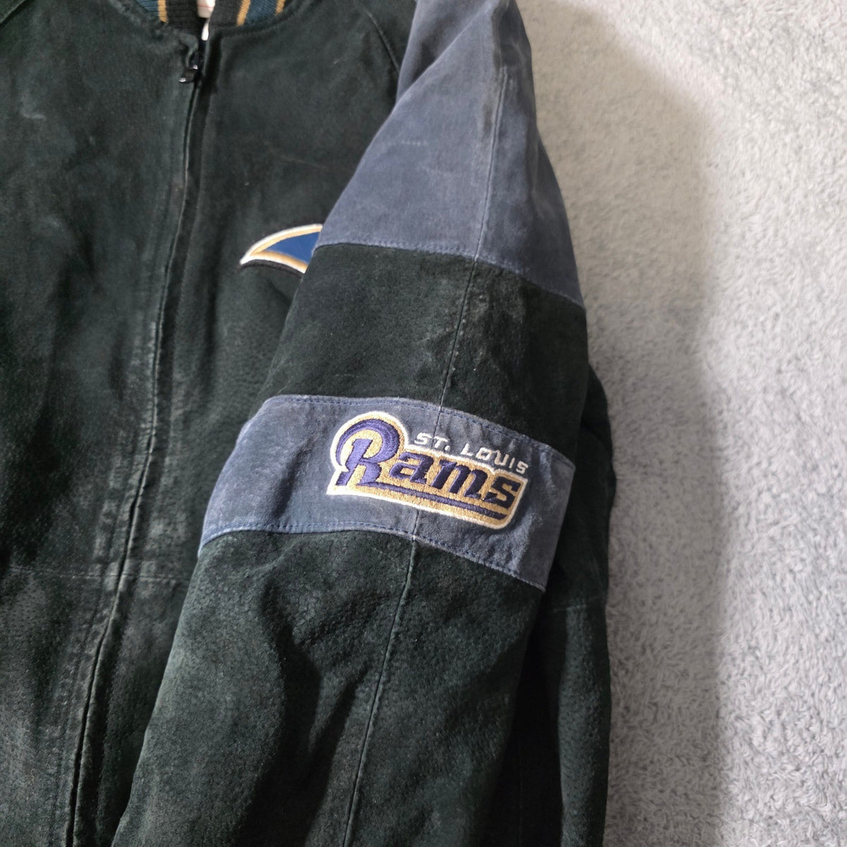 G-III NFL St. Louis Rams Suede Leather Varsity Jacket Green Blue Large