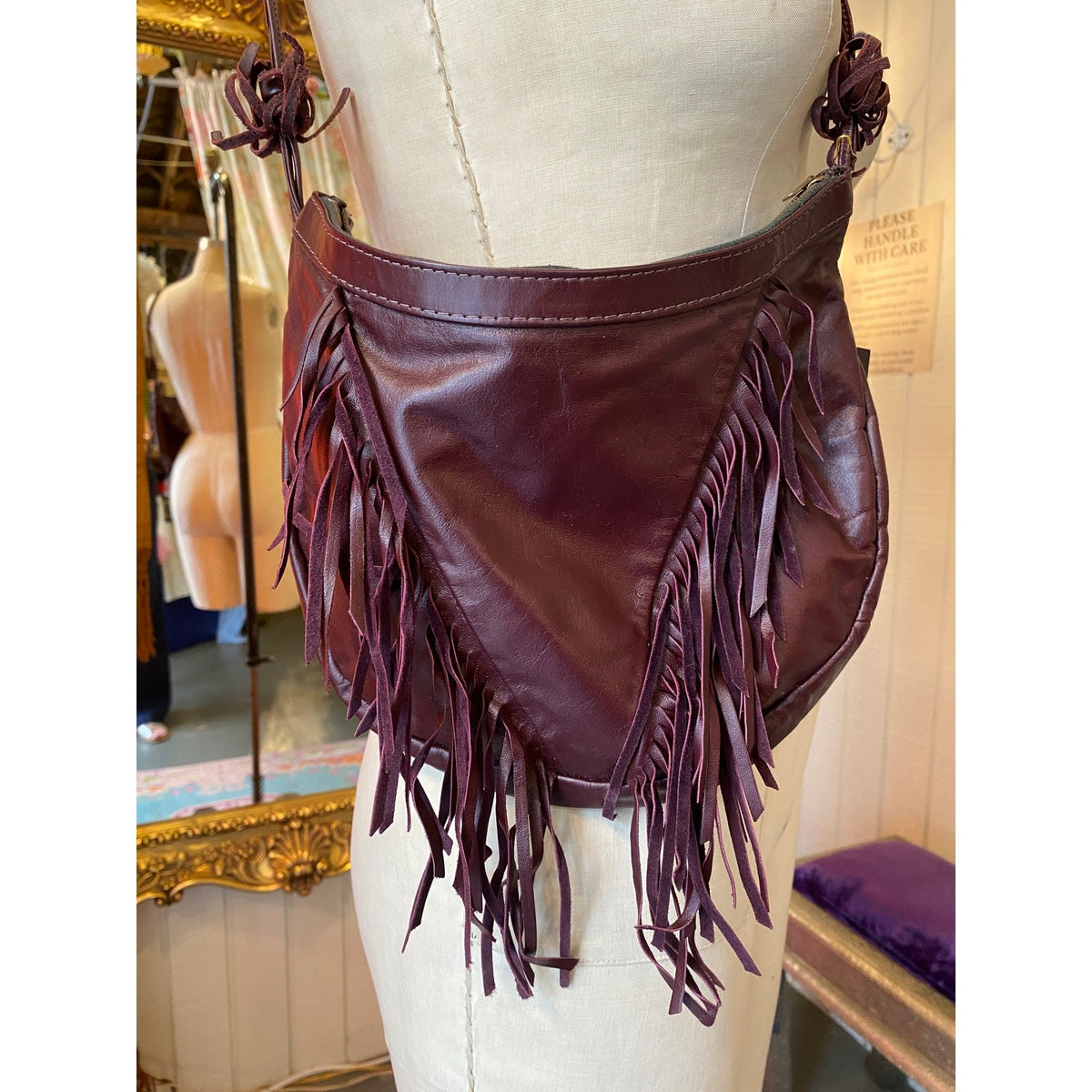Vintage 1980s Maroon Leather Fringe Hobo Bag