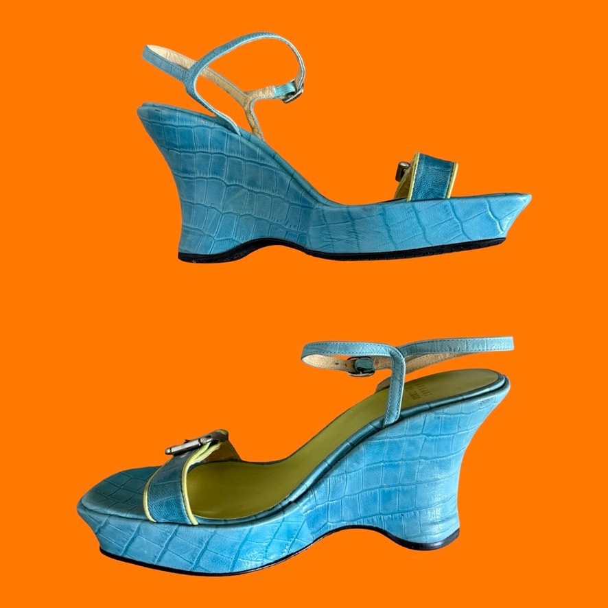 Stuart Weitzman 2000s Y2K Buckle Ankle Strap Wedge Platform US 7.5/8