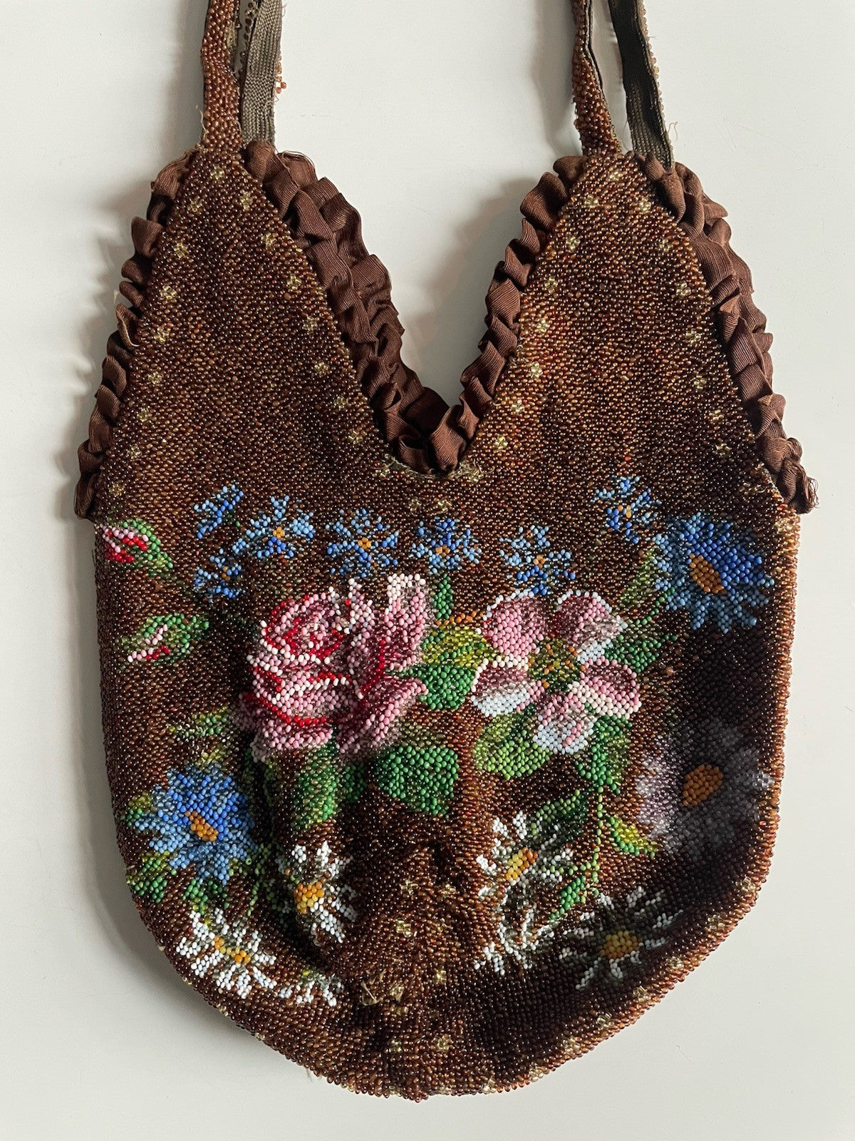 Antique Glass Seed Beaded Silk Lined Pouch Purse Floral Brown