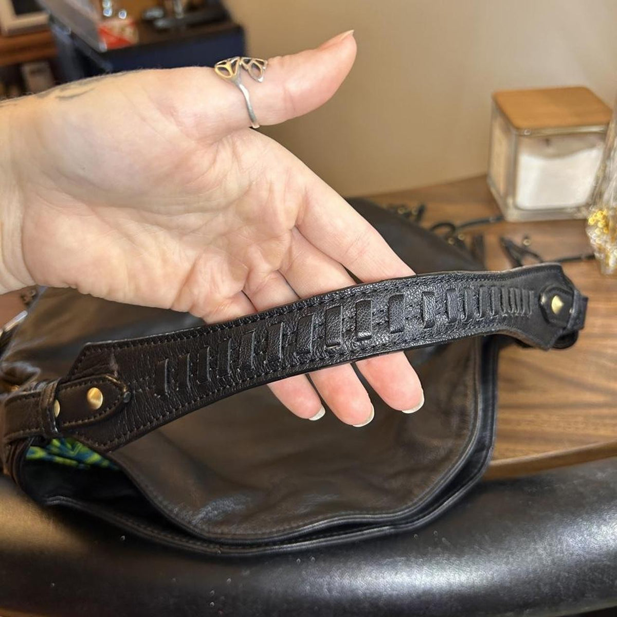 Vintage Black Leather Fringe Hobo Bag with Studs