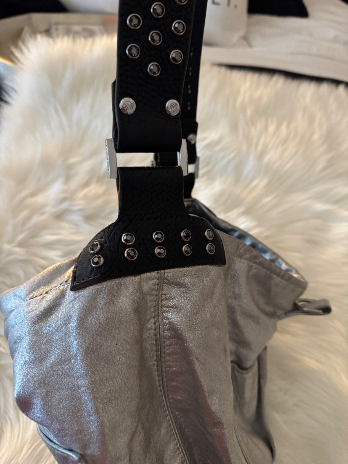 Tylie Malibu Metallic Silver Leather Hobo Handbag Medium