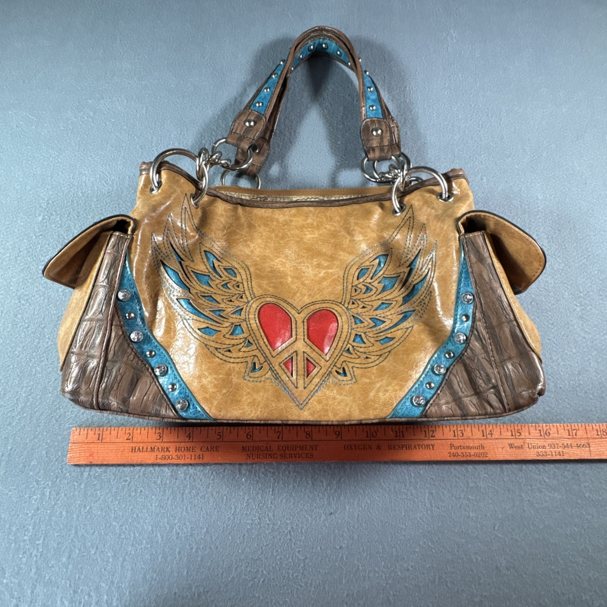 Blazin Roxx Winged Heart Peace Studded Southwestern Faux Leather Bag