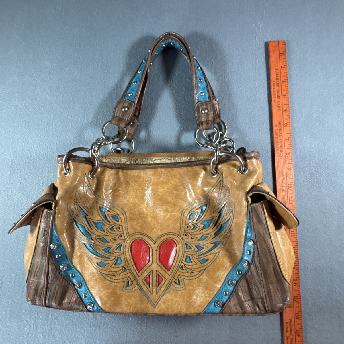 Blazin Roxx Winged Heart Peace Studded Southwestern Faux Leather Bag