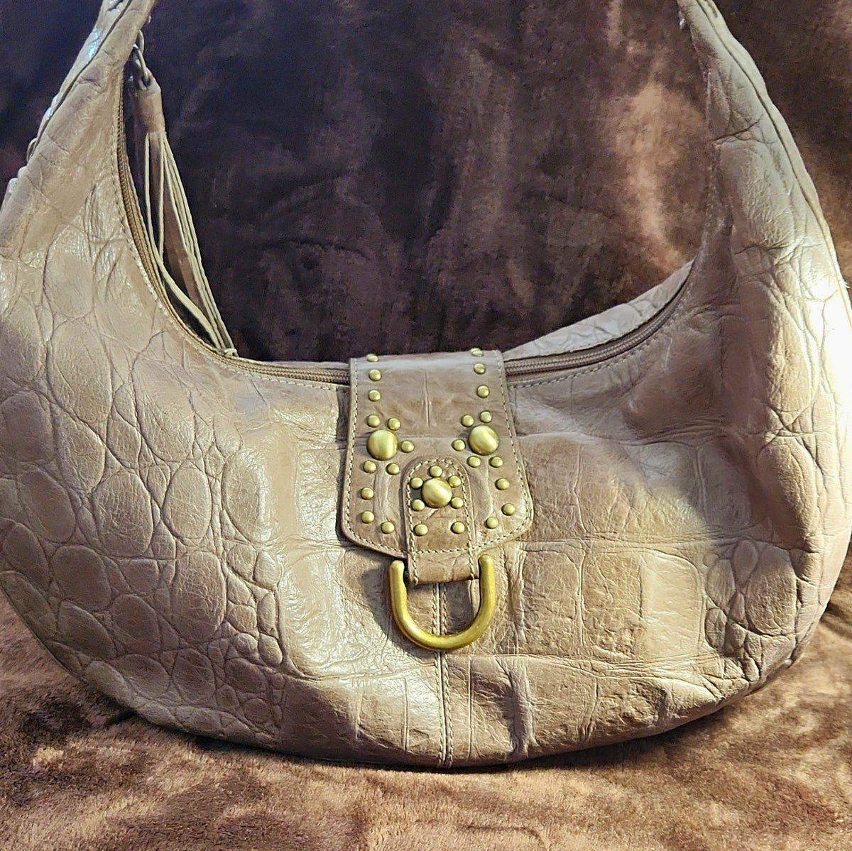 Kate Landry Grey Leather Embossed Hobo Shoulder Bag with Studded Tassel
