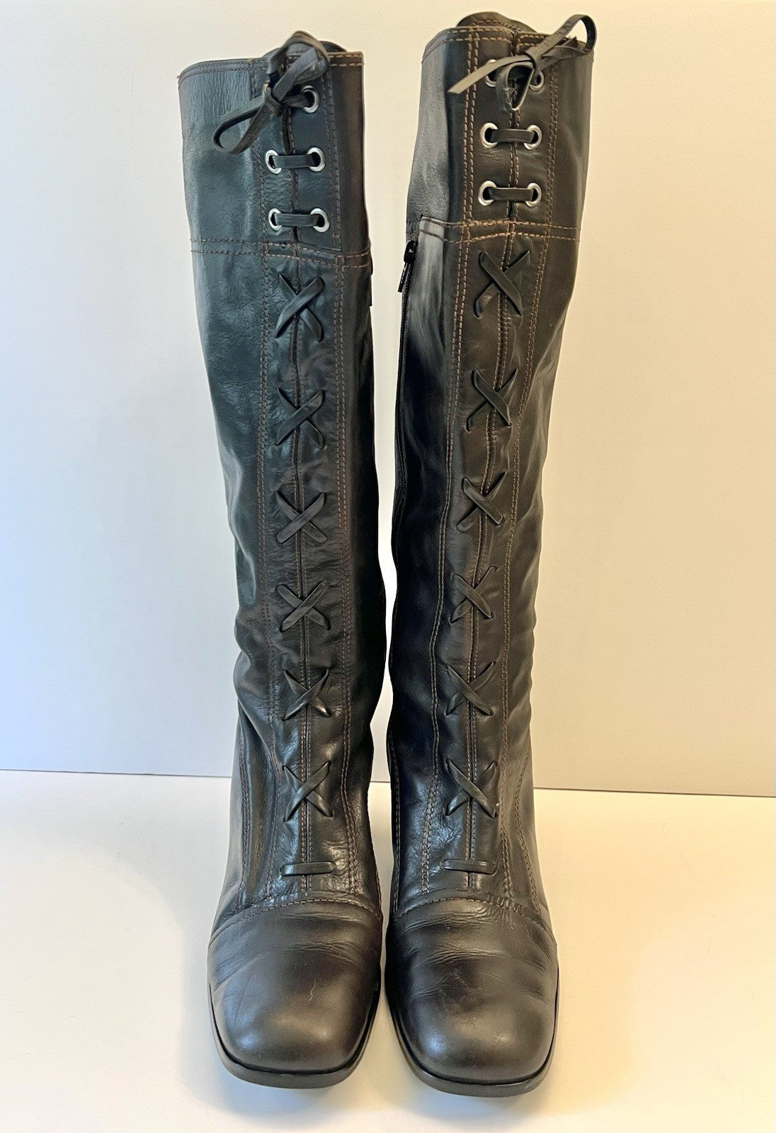 Vintage Brown Leather Lace Up Knee High Boots Women's 8.5