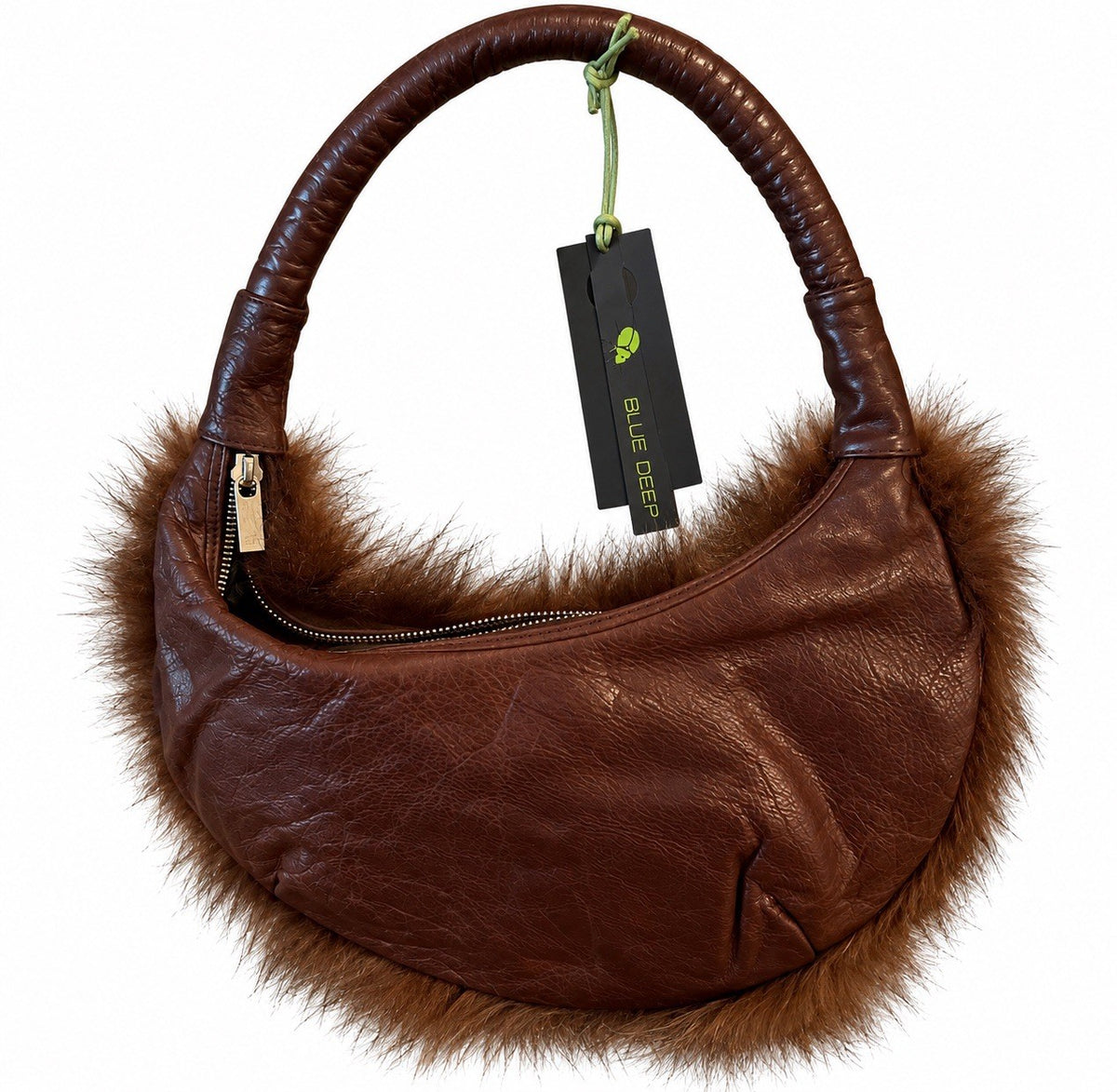 Italian Brown Leather Hobo Shoulder Bag with Fur Trim