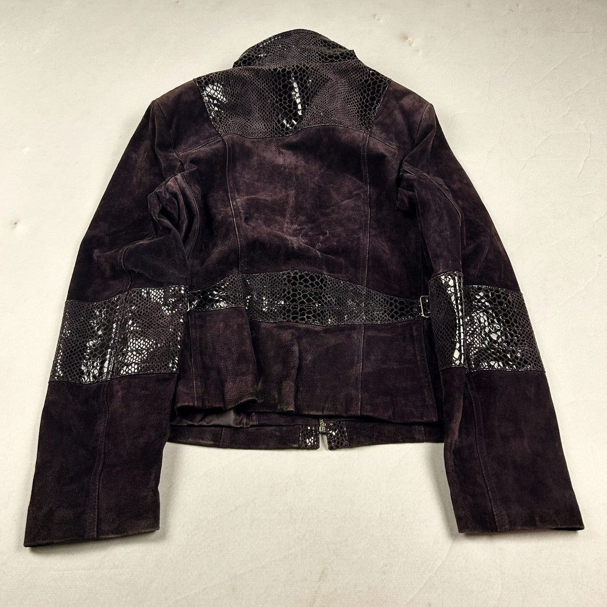 Vintage Y2K Genuine Suede Leather Jacket with Snakeskin Panel Moto