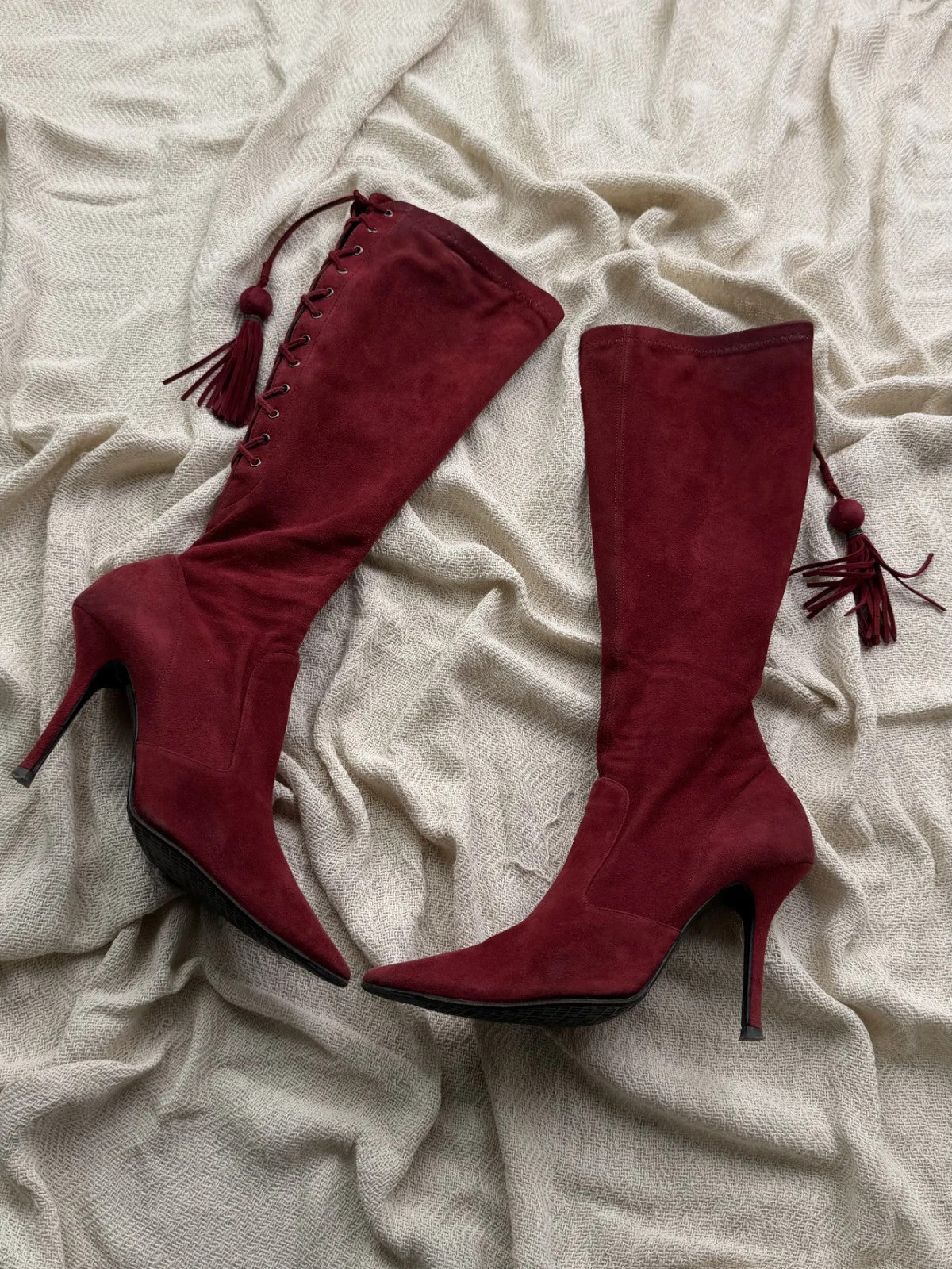 Vintage Burgundy Suede Knee High Boots Pointed Toe Stiletto Heels Lace Up