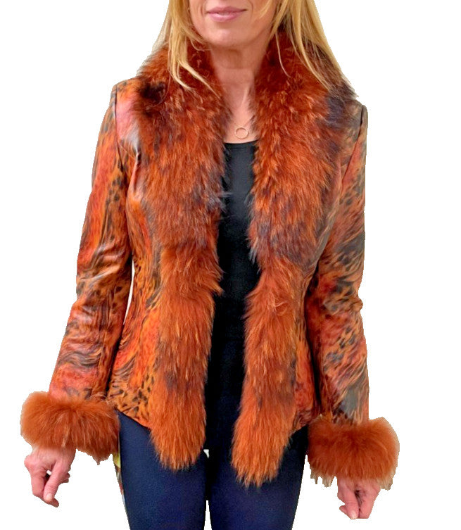 Paolo Santini Leather, real fox tream jacket women size 8