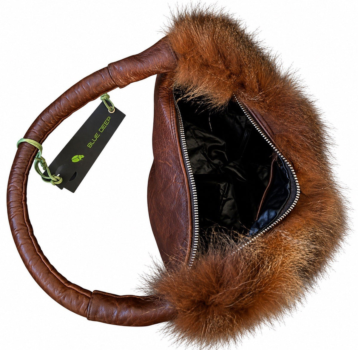Italian Brown Leather Hobo Shoulder Bag with Fur Trim