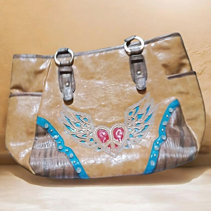Western Large Tote Bag Brown Turquoise Studded Wing Heart