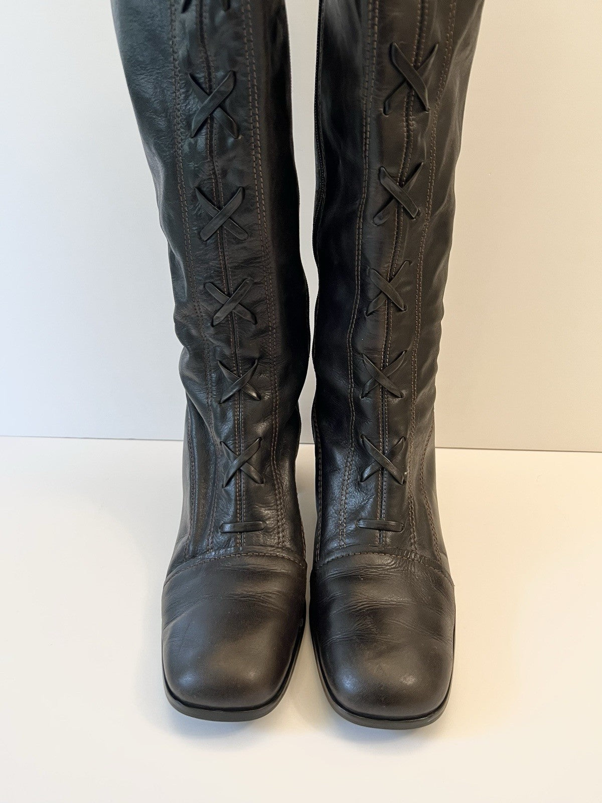 Vintage Brown Leather Lace Up Knee High Boots Women's 8.5