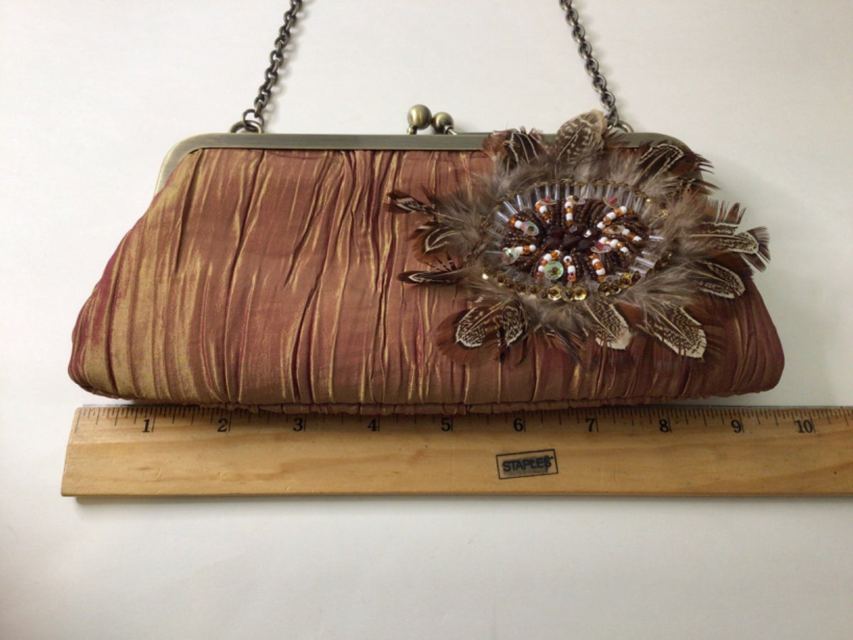 Satin Pleated Evening Clutch with Feather Beading in Bronze