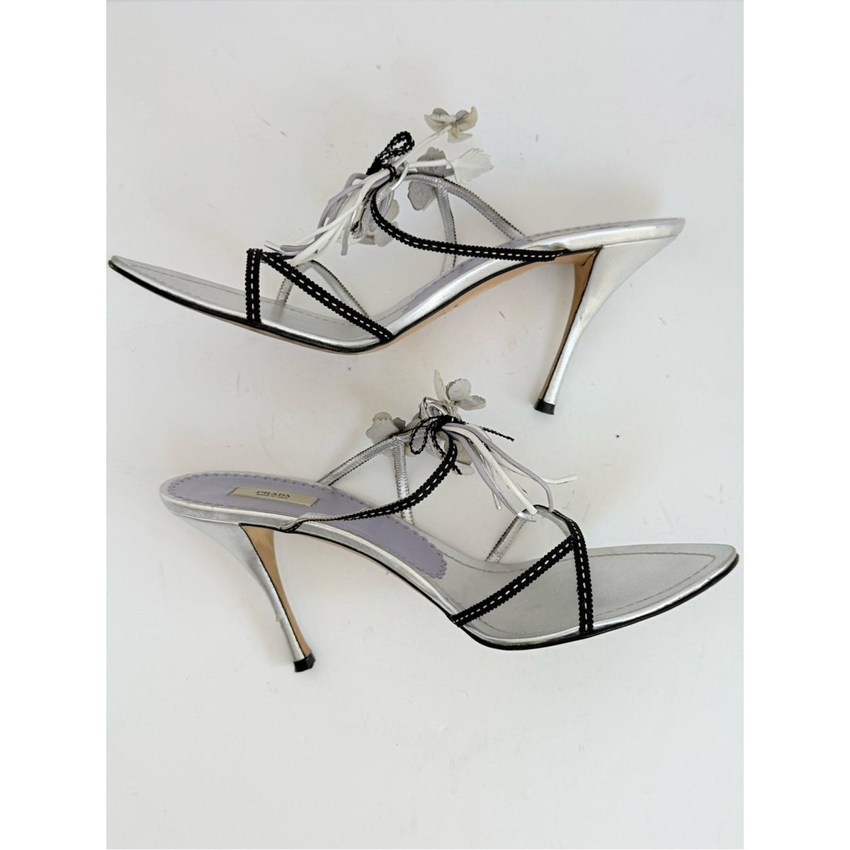 Prada Neiman Marcus 95th Anniversary Floral bouquet Sandals 39 Silver Leather