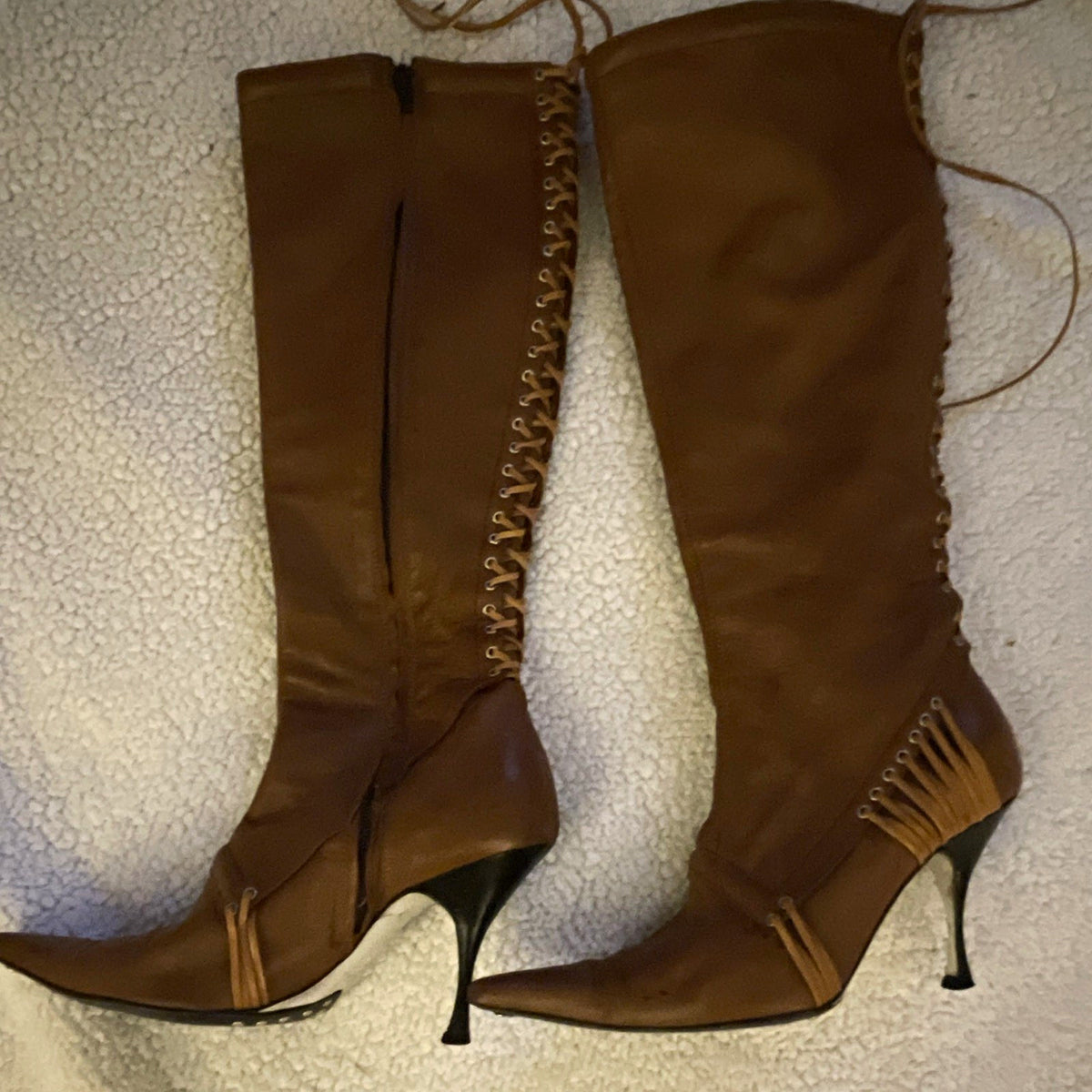 Gianfranco Ferré Brown Leather Knee High Lace-Up Stiletto Pointed Boots