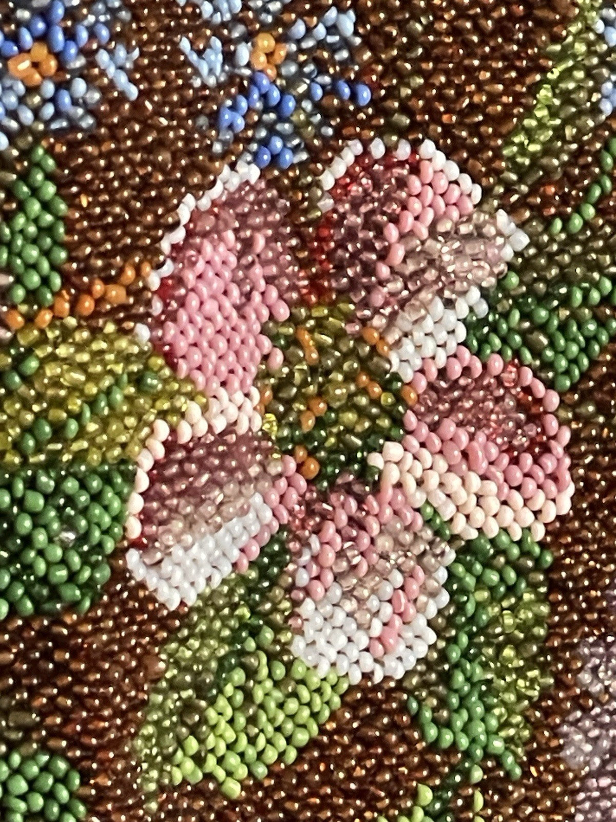 Antique Glass Seed Beaded Silk Lined Pouch Purse Floral Brown