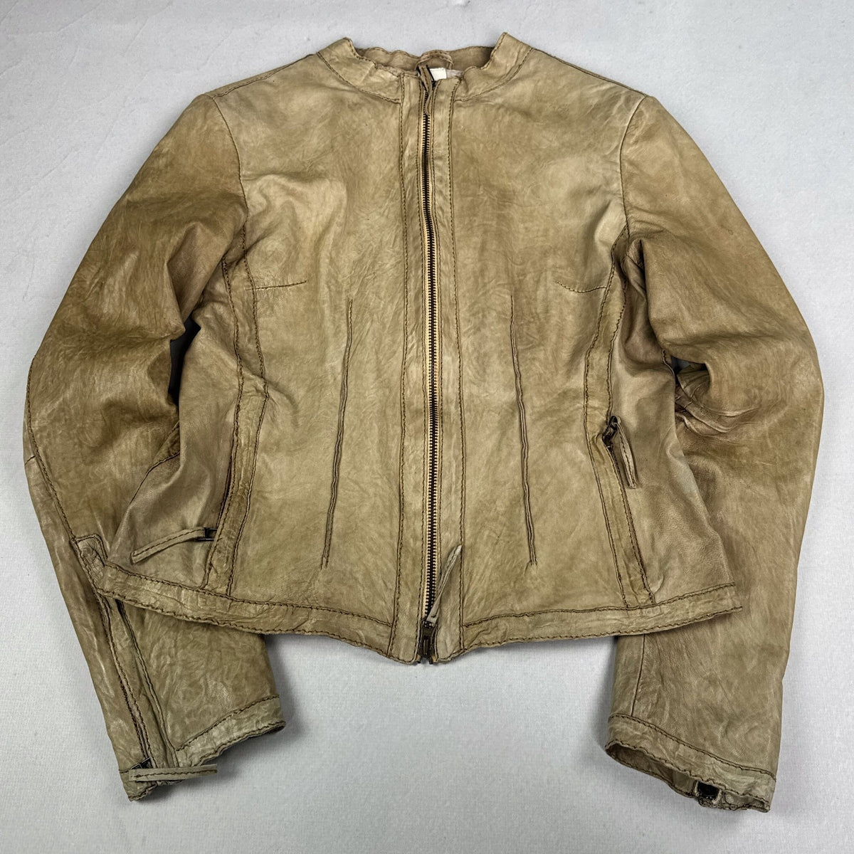 Vintage Beige Genuine Leather Cropped Moto Jacket