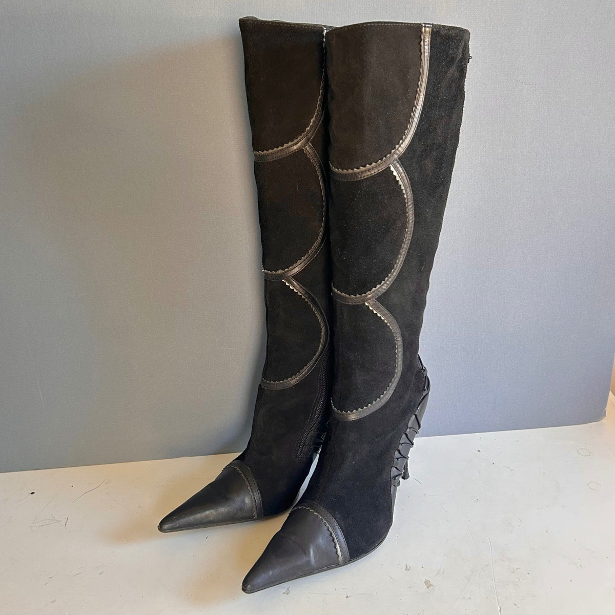 Aldo Tall Lace-Up Heeled Boots Black Pointed Toe Stiletto Knee