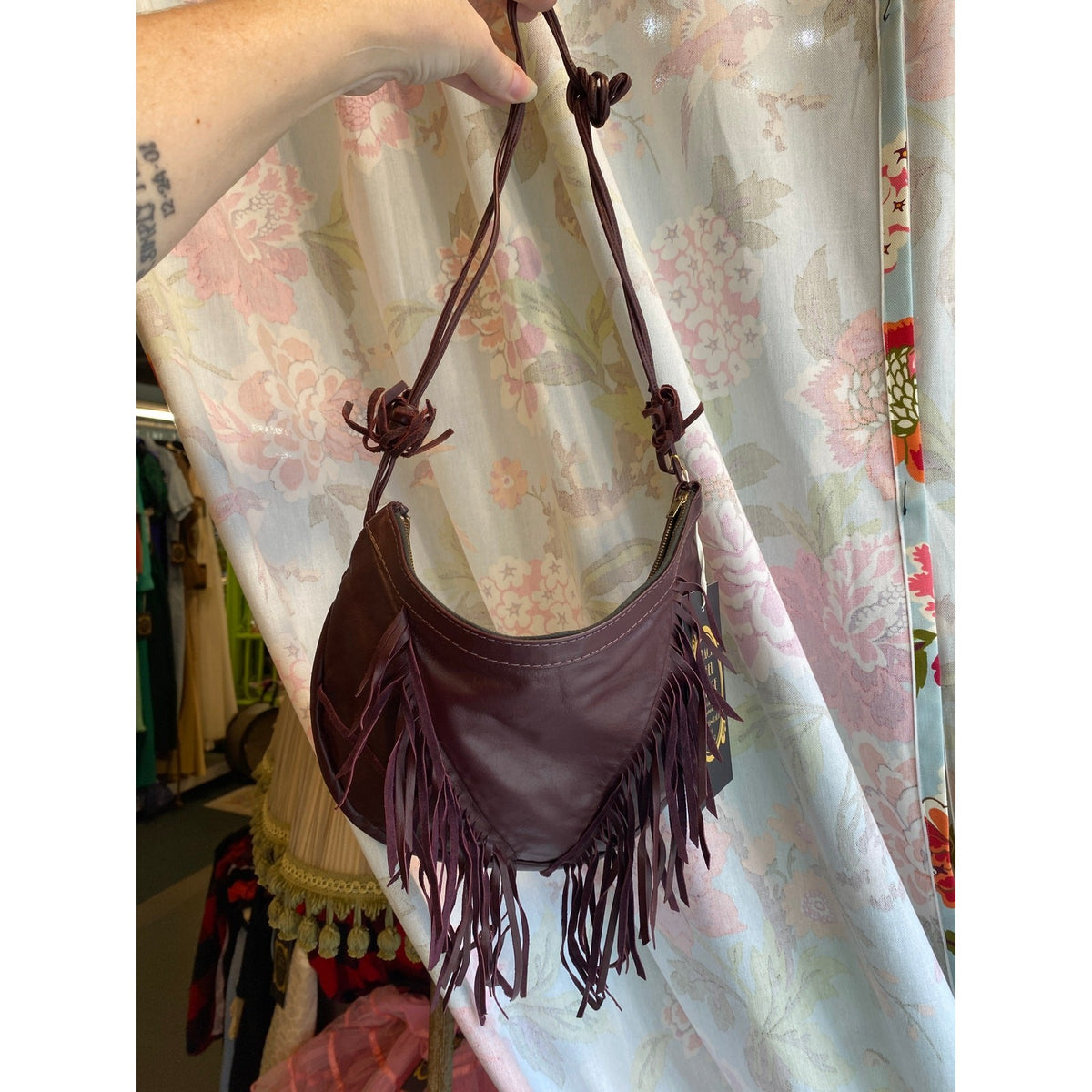 Vintage 1980s Maroon Leather Fringe Hobo Bag