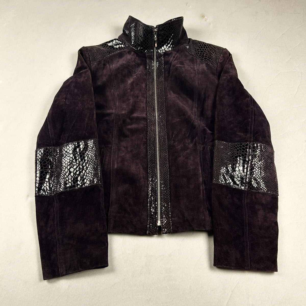 Vintage Y2K Genuine Suede Leather Jacket with Snakeskin Panel Moto