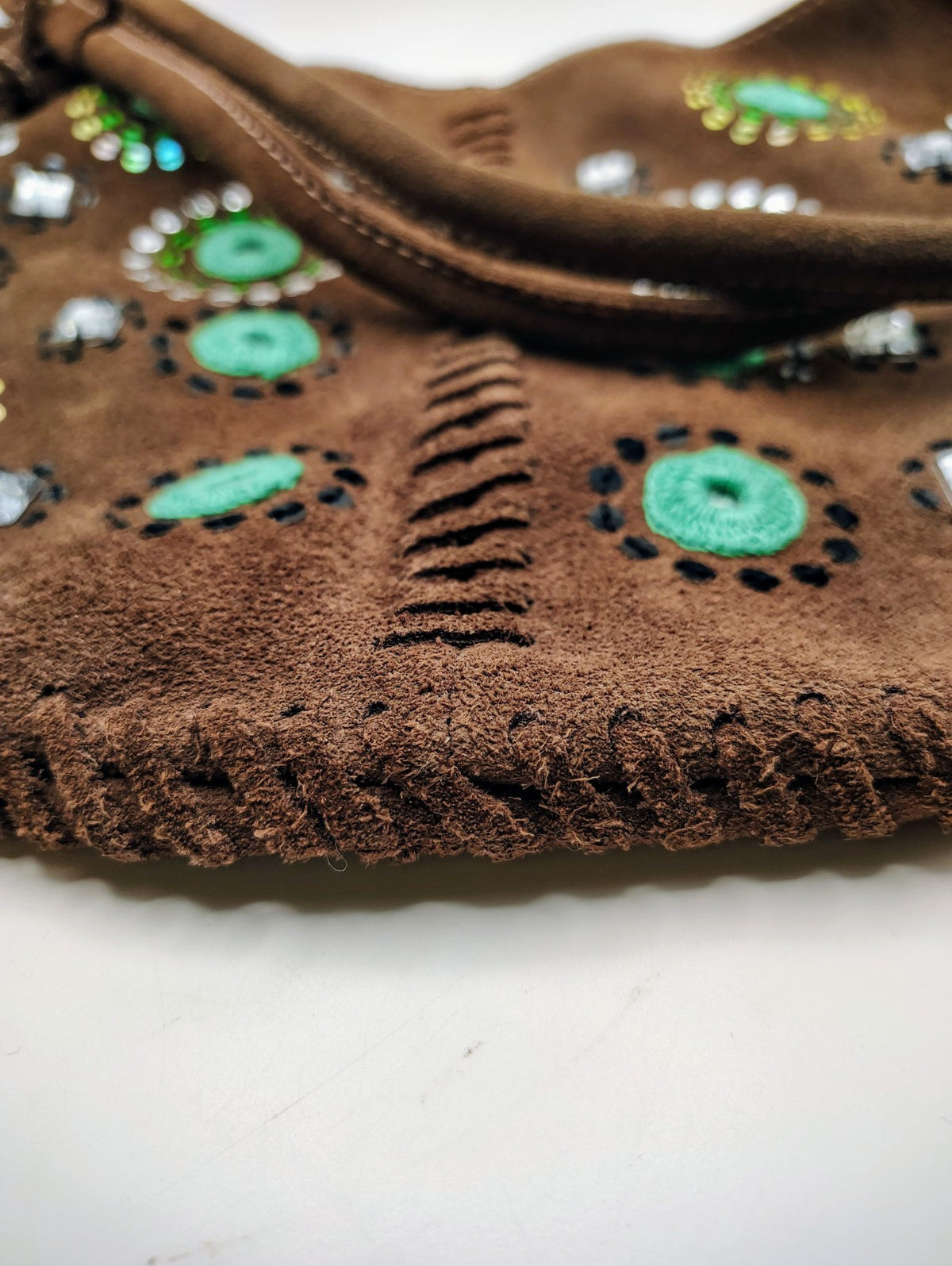 Gap Suede Shoulder Bag Brown and Blue Beaded Boho
