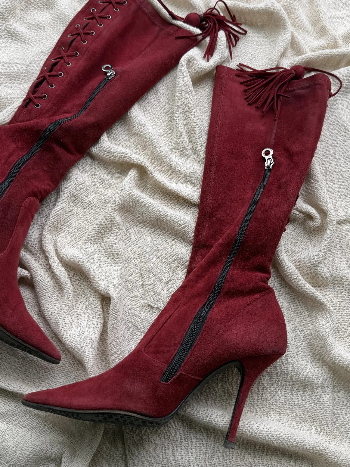 Vintage Burgundy Suede Knee High Boots Pointed Toe Stiletto Heels Lace Up