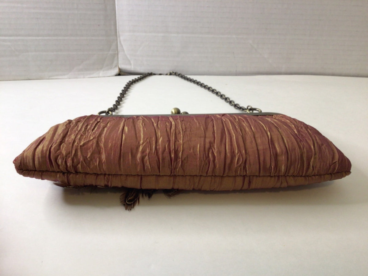 Satin Pleated Evening Clutch with Feather Beading in Bronze