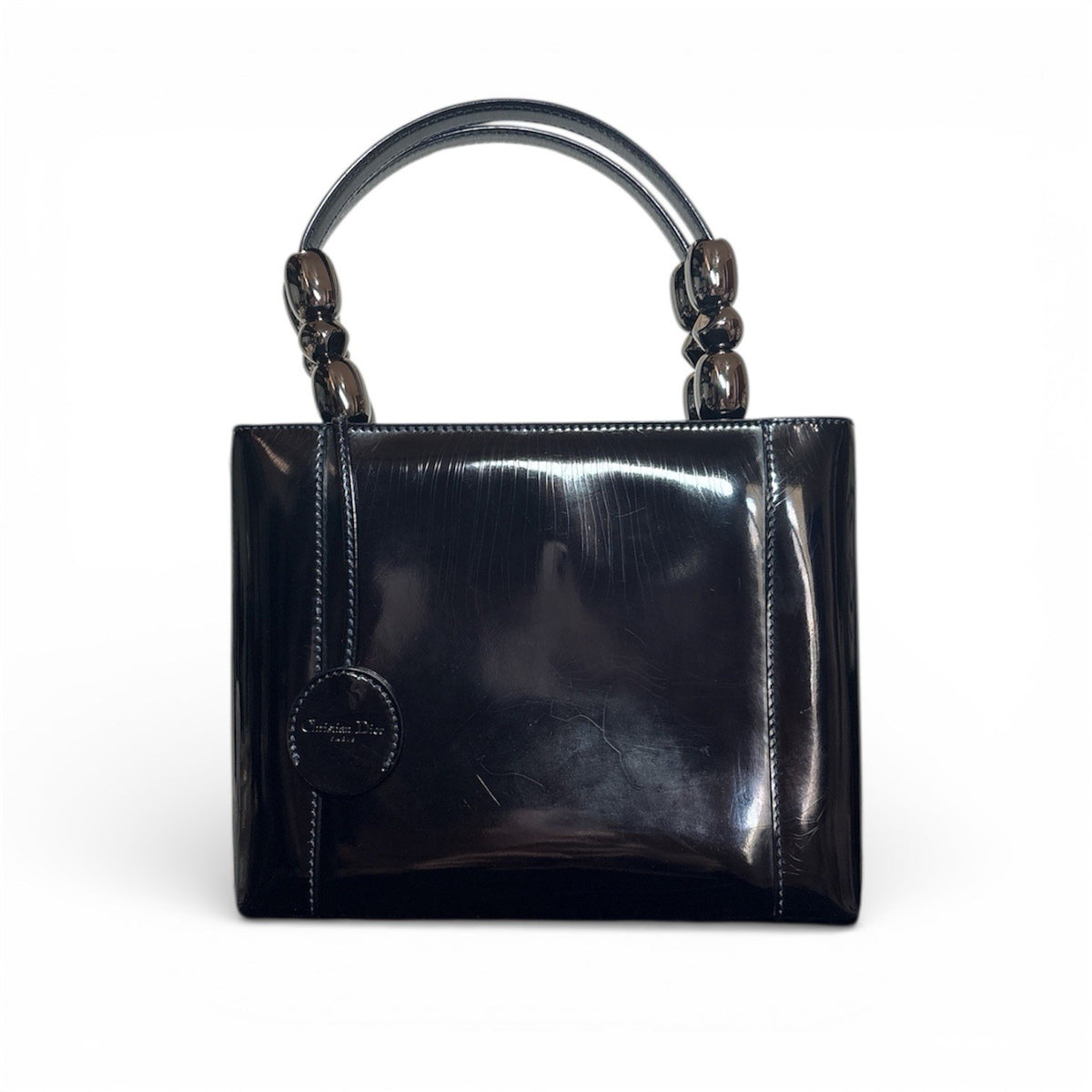 Auth Christian Dior Vintage 1999 Malice Pearl Bag Black Patent Leather Gunmetal