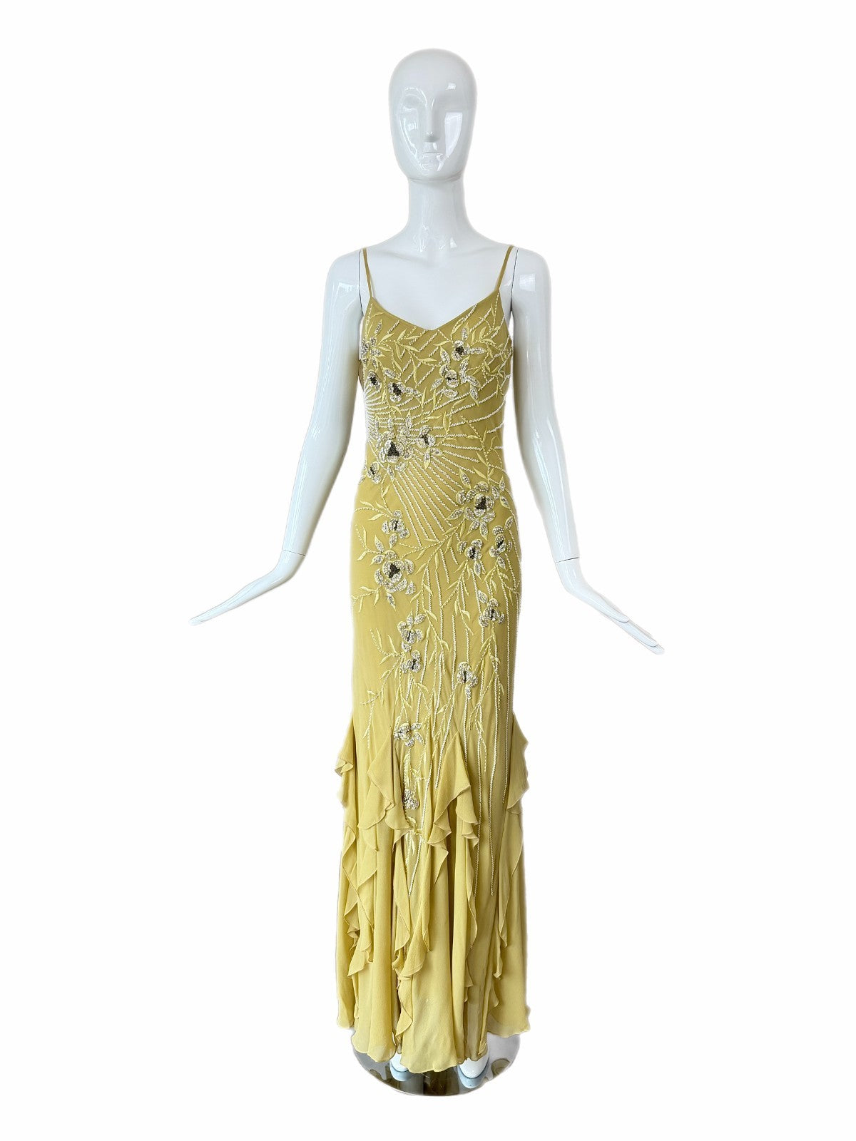 Sue Wong 2005 Chartreuse Silk Floral Beaded Ruffle Gown