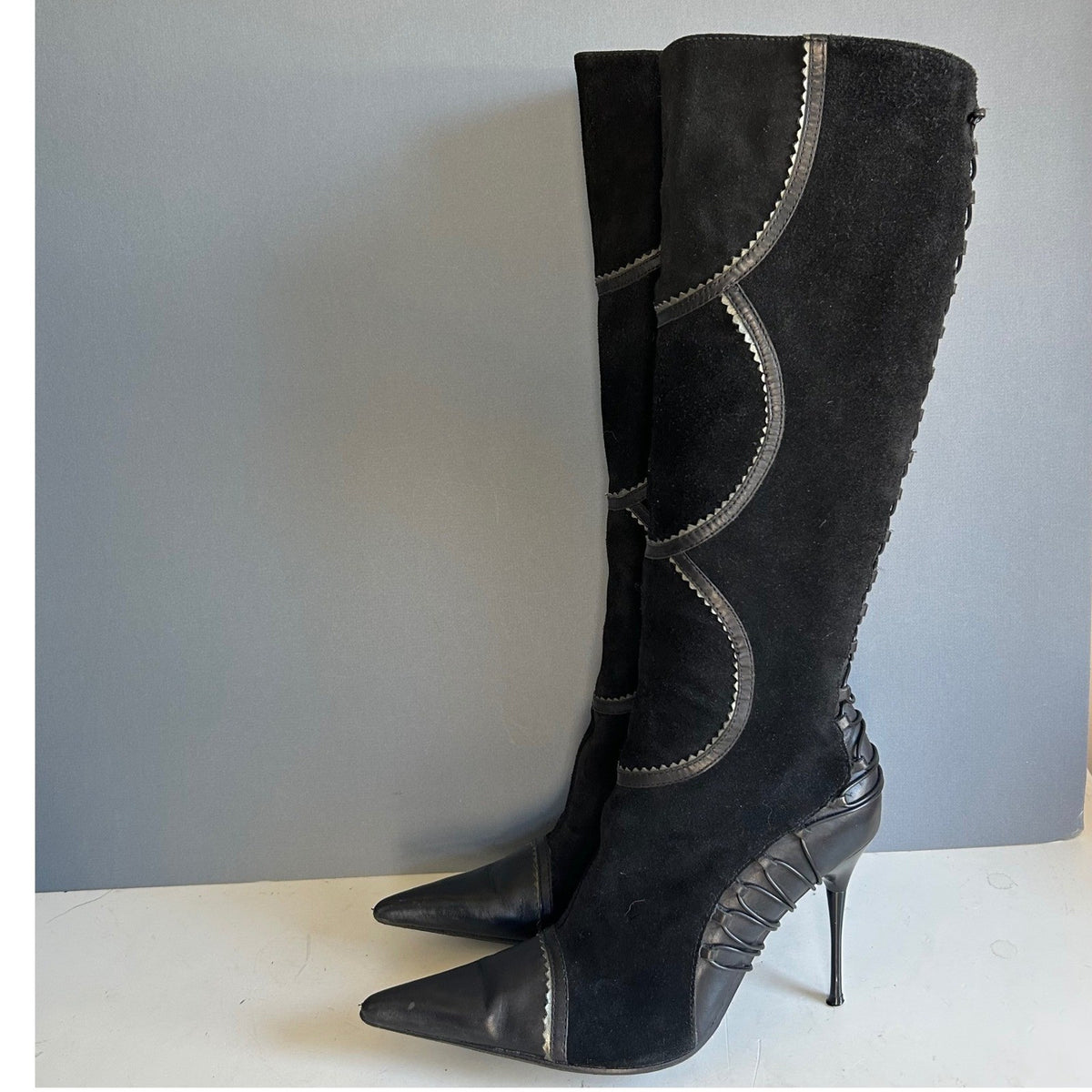 Aldo Tall Lace-Up Heeled Boots Black Pointed Toe Stiletto Knee