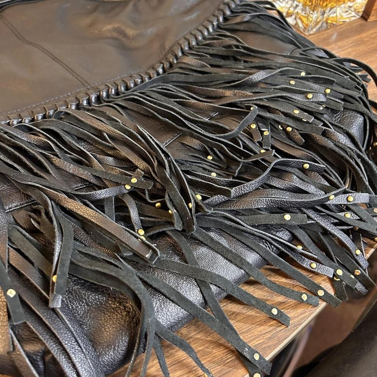 Vintage Black Leather Fringe Hobo Bag with Studs