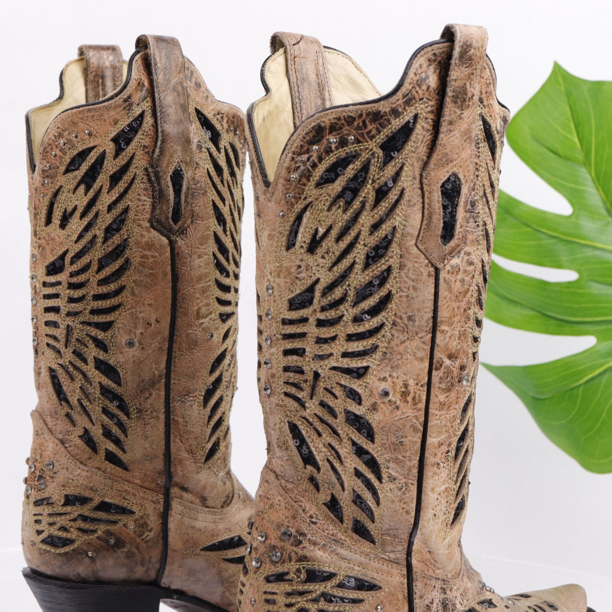 Corral Women's Cowboy Boot Size 8 Sequins Butterfly Distressed Brown Leather
