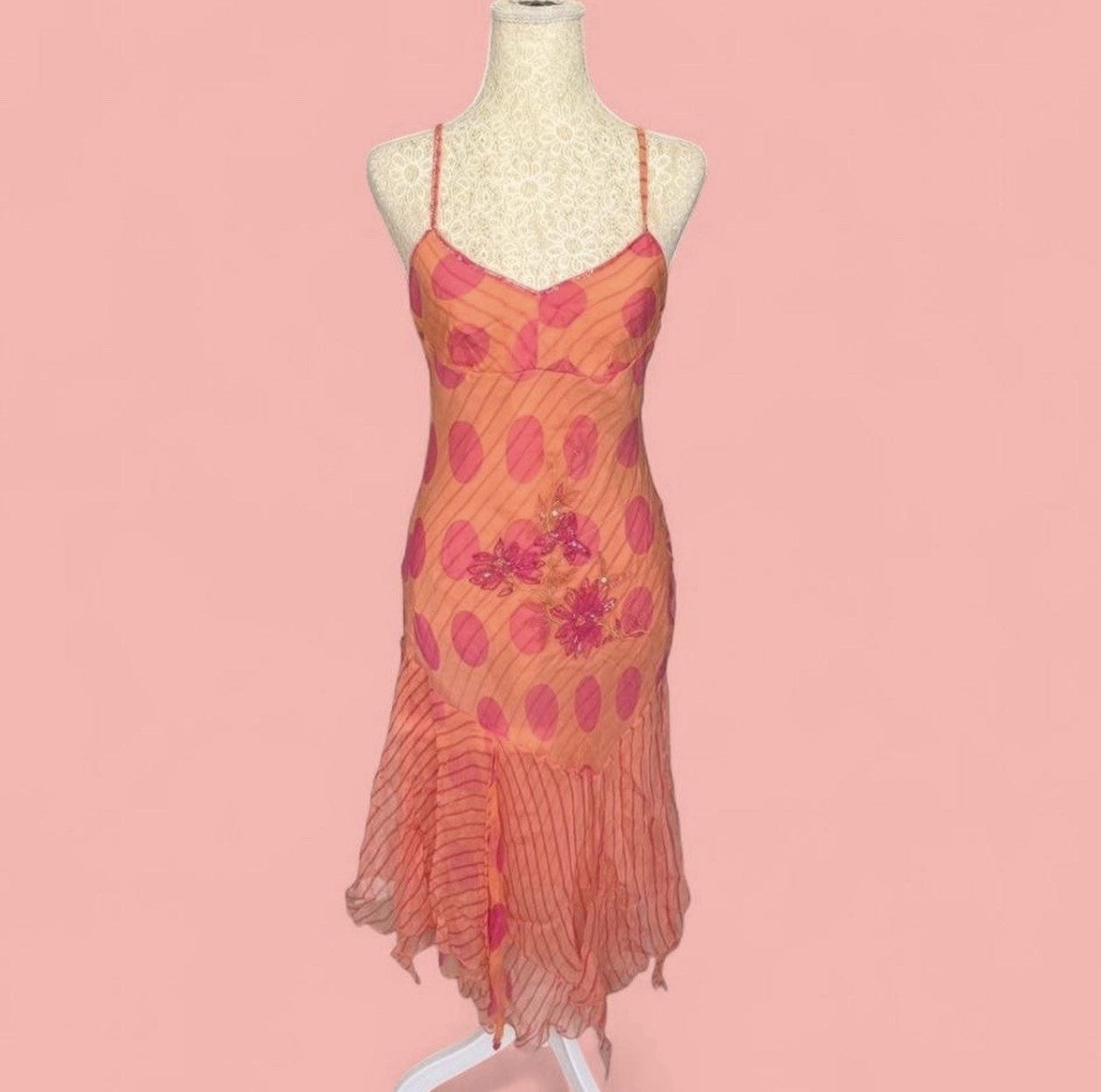 René Derhy Coral Orange Floral Embellished Dress Small