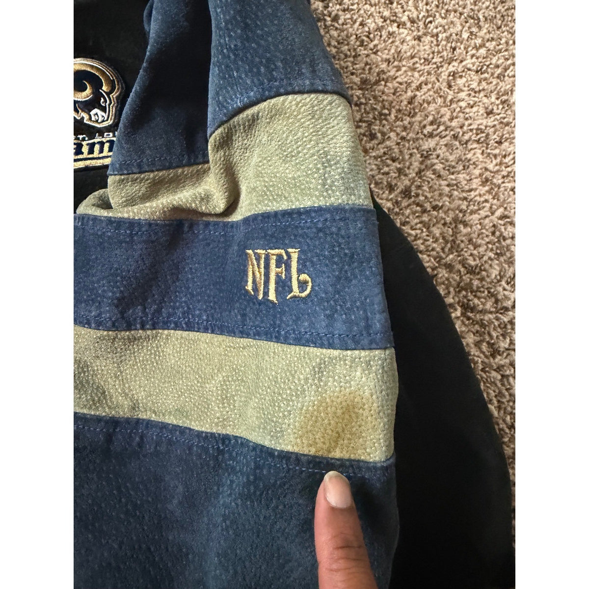 Vintage NFL St Louis Rams Leather Bomber Jacket Large Blue Black