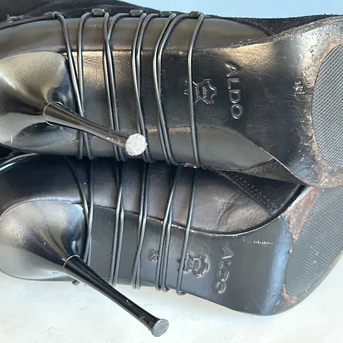 Aldo Tall Lace-Up Heeled Boots Black Pointed Toe Stiletto Knee