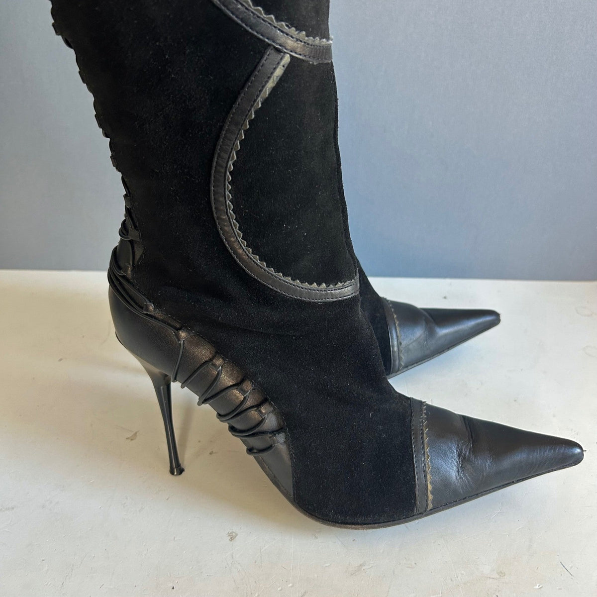 Aldo Tall Lace-Up Heeled Boots Black Pointed Toe Stiletto Knee