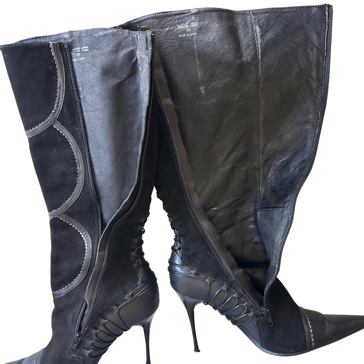 Aldo Tall Lace-Up Heeled Boots Black Pointed Toe Stiletto Knee