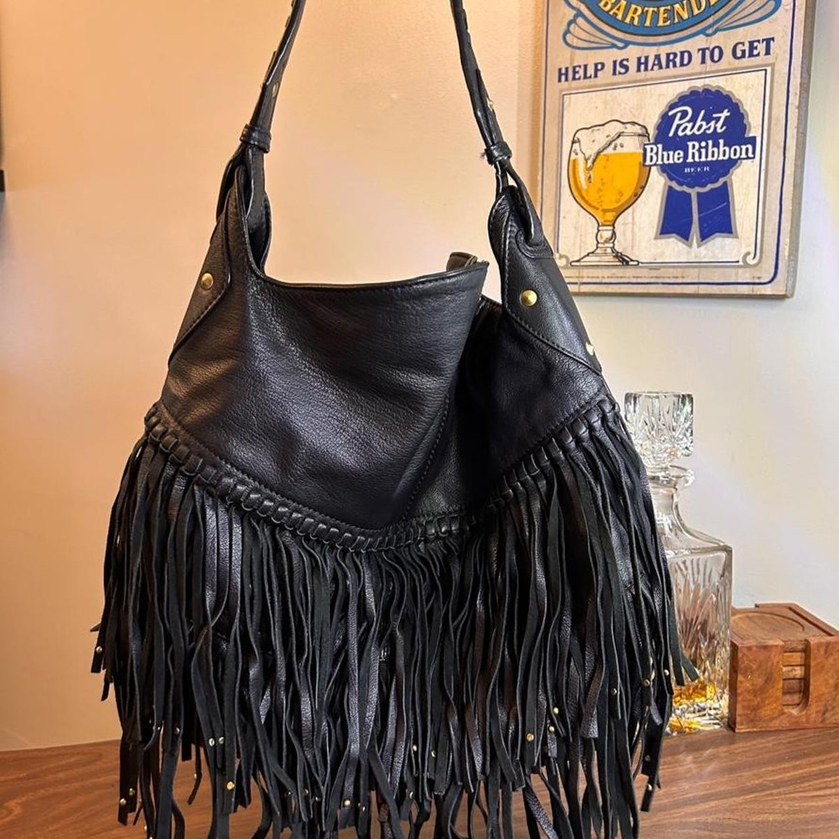 Vintage Black Leather Fringe Hobo Bag with Studs